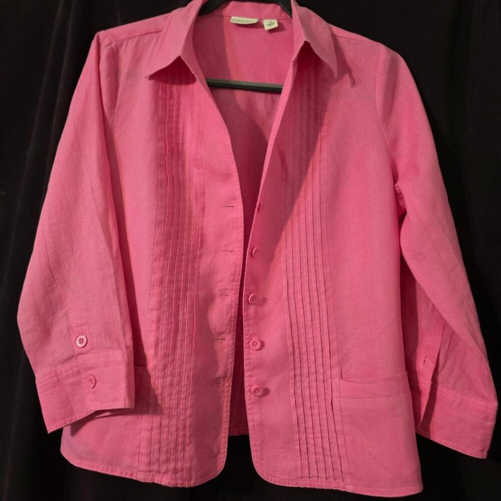 M  Kim Rogers Coral Pink Linen pleated button front coastal top blouse shirt 3/4
